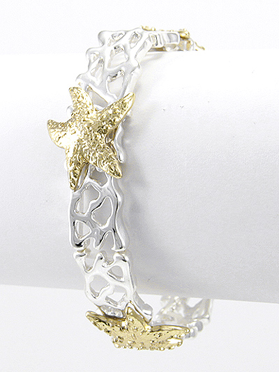 STARFISH, SILVER AND GOLD TONE METAL STRETCH BRACELET