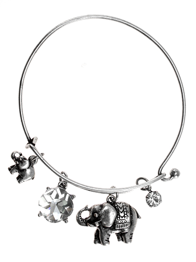 Elephant, Silver Tone  Hook Bangle w/ Assorted Accents