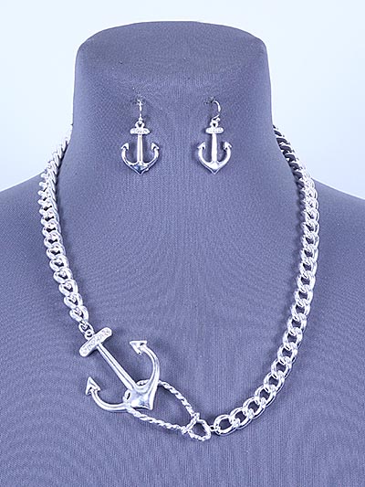SILVER TONE, LINK NECKLACE SET W/ ANCHOR PENDANT AND EARRINGS