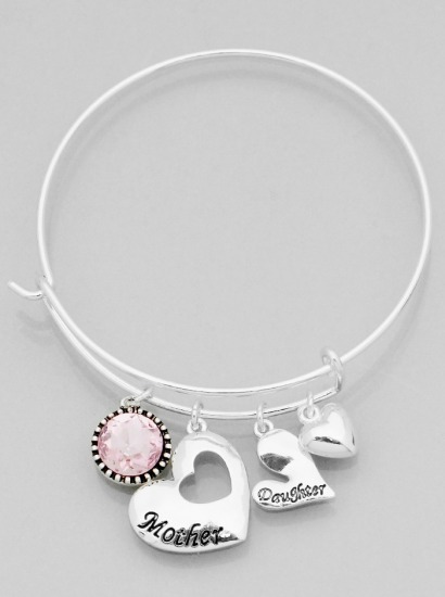 Mother and Daughter Heart w/ Crystal Etched Bangle Bracelet