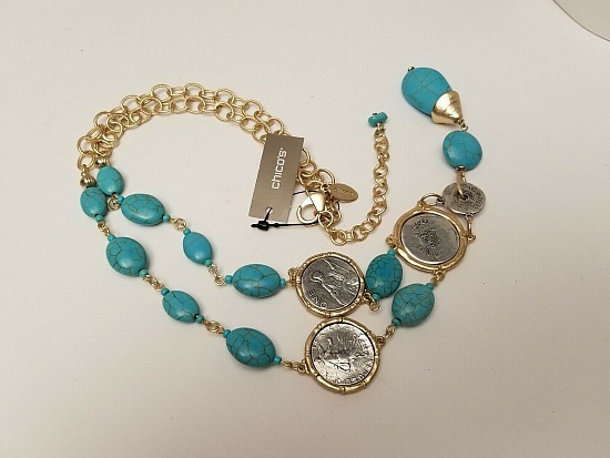 Chico's Isabella Turquoise Stone & Coin Gold Y Drop Necklace NWT