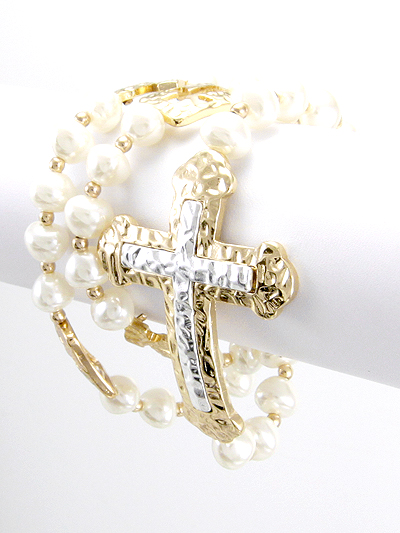 CROSS, WRAP AROUND PEARL STRETCH BRACELET