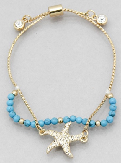 PAVE STARFISH BEADED PULL TIE BRACELET