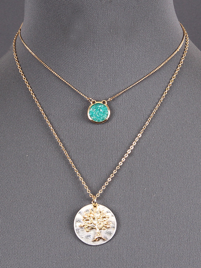 TURQUOISE STONE W/ TREE DESIGN, GOLD TONE NECKLACE