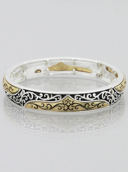  ANTIQUE SILVER-GOLD FILIGREE TEXTURED STRETCH BRACELET