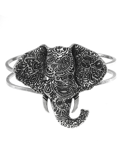 DESIGN PATTERN ELEPHANT, ANTIQUE SILVER TONE BANGLE BRACELET