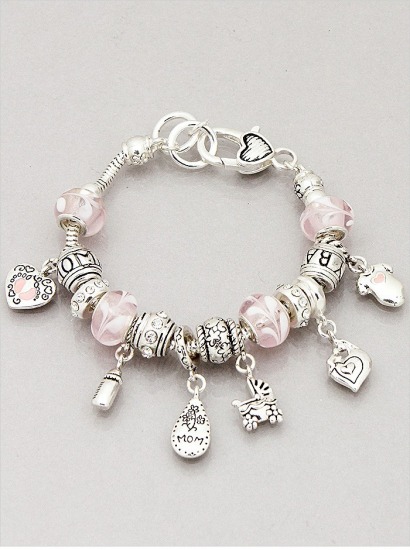 Mom Theme Textured Glass Beads Charm Bracelet